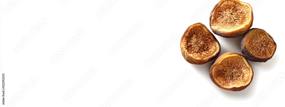 Poster Dried fig slices isolated on white background with empty space for text and product display in a healthy food concept