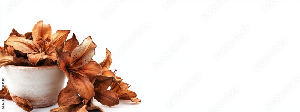 Poster Dried lily flowers in a flowerpot on a white background with ample space for text or design elements for creative projects