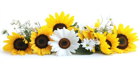 Charming floral display featuring sunflowers and daisies on a clean white backdrop ideal for personalized text or promotional content