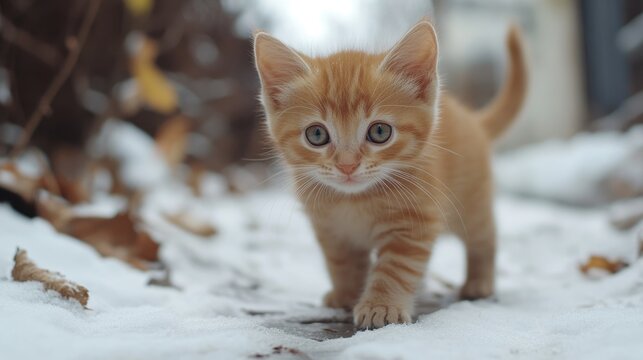 Lonely orange kitten exploring snowy path in winter park, seeking companionship in a pet shelter, highlighting animal rescue efforts.
