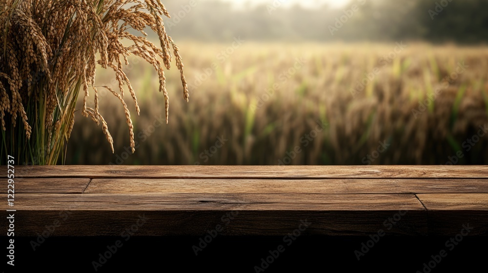 Poster Wooden Plank Table Top in Front of Blurred Rice Field at Sunset with Empty Copy Space for Text and Product Display High Quality Image