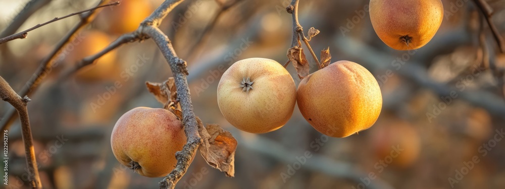 Poster Dried windfall apples on tree branches showcasing reduced harvest with empty space for text and warm autumn background.