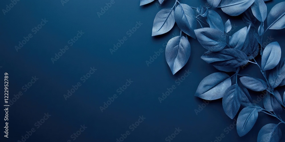 Poster elegant dark blue background with lush leaves and space for text ideal for fashion or design related