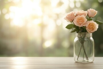 Delicate pink roses in glass jar, softly illuminated by warm sun
