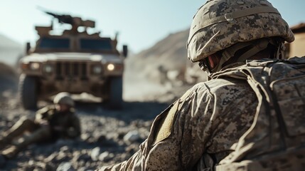 This compelling image captures a soldier engaging in a desert military operation, highlighting the intensity and focus of military personnel in challenging environments.