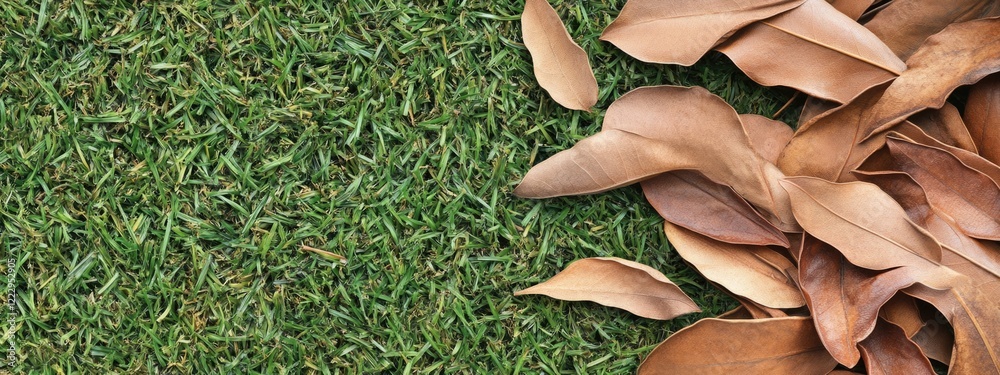 Poster Dried gum leaves arranged on lush green grass creating a natural and inviting background with ample space for text or design elements