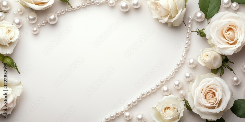 Poster elegant arrangement of white roses and pearls on a soft background with ample space for personalized