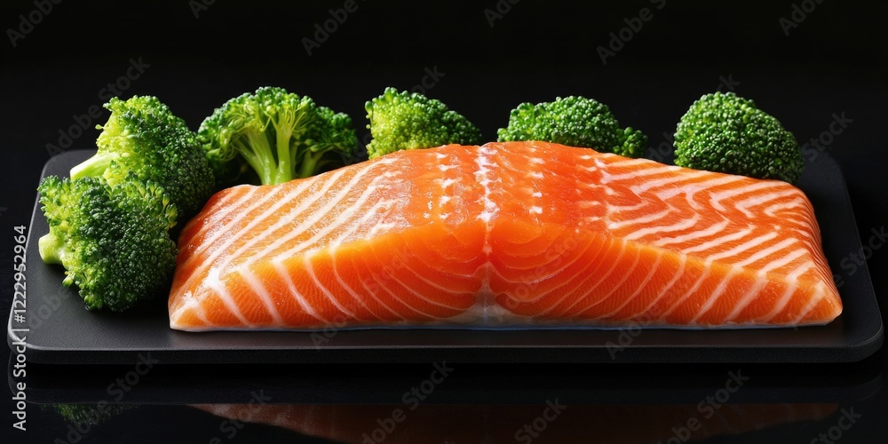 Poster salmon fillet served with fresh broccoli on a black plate with space for text perfect for culinary p
