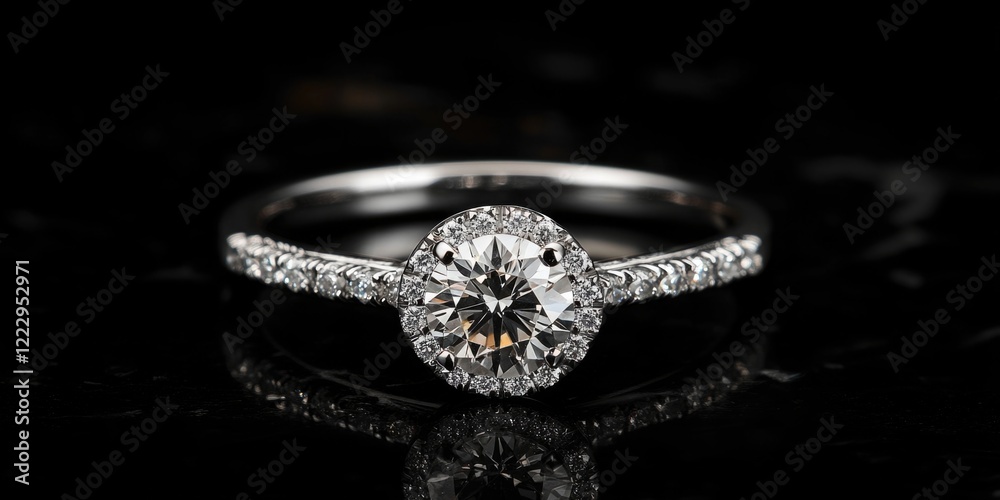 Poster elegant diamond engagement ring with halo design showcasing brilliance on a reflective surface and a