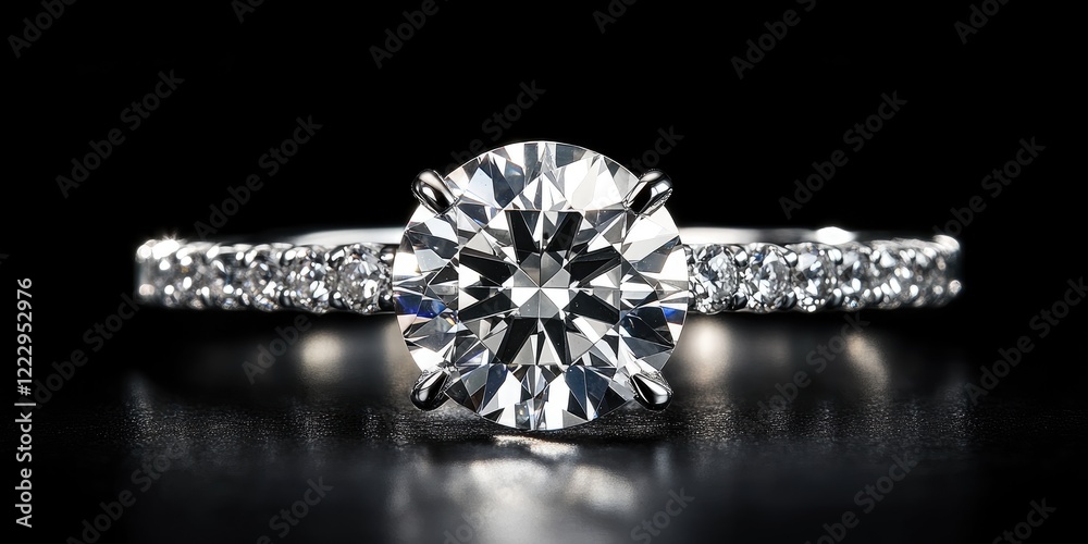 Poster Stunning diamond engagement ring showcasing brilliance on dark background with space for personalized text or message