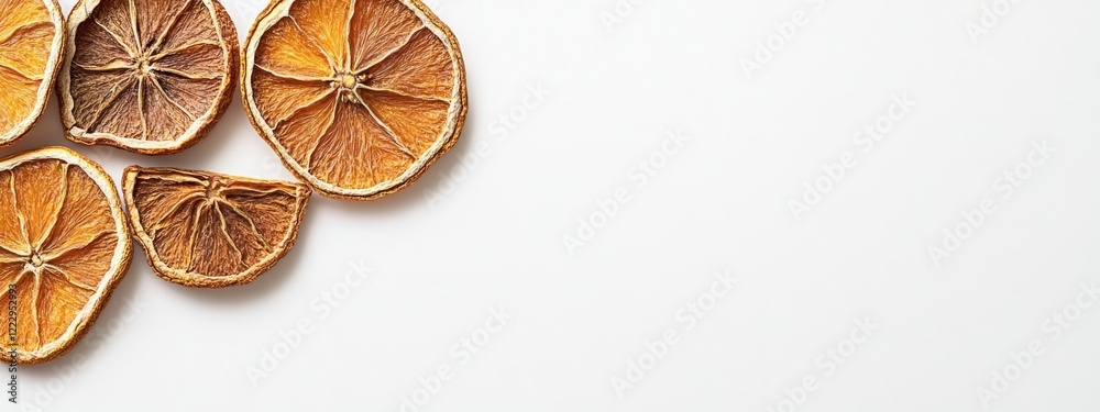 Poster Dried orange slices with cinnamon and anise on white background featuring ample copy space for text and design elements