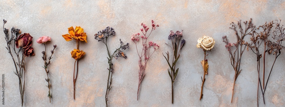 Poster Dried Flower Arrangements Embedded in Colored Concrete with Blank Space for Text or Branding