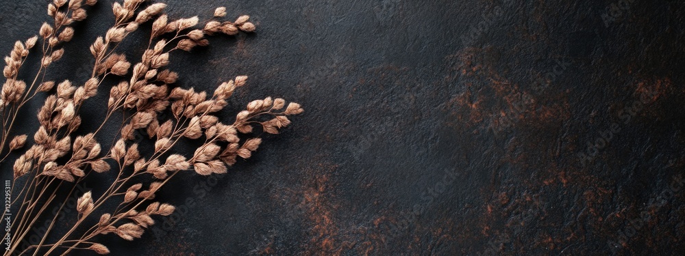 Aufkleber dried mare's tail plant leaves on dark background with copy space for text and decorative element