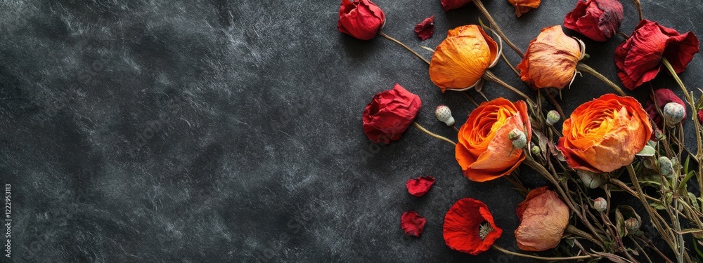Fototapete dried orange and red roses with poppy heads on dark textured background featuring empty space for te