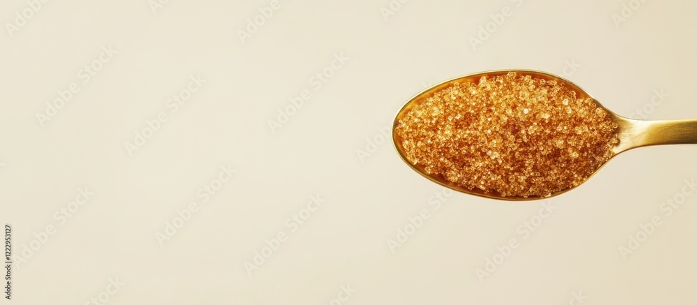 Aufkleber spoonful of unrefined raw cane sugar on gold spoon with ample blank space for text in a light neutra
