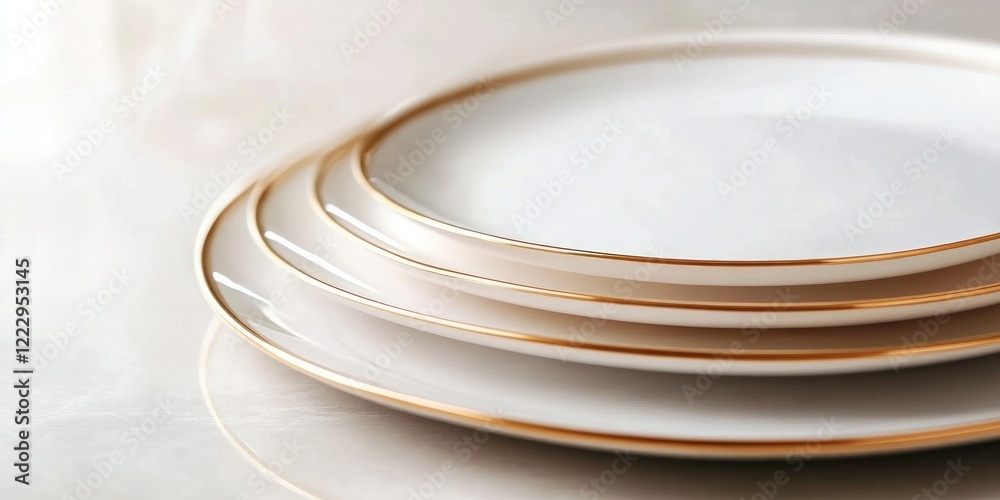 Aufkleber Elegant gold-rimmed plates arranged for a modern table setting with a light background and ample space for text or branding.