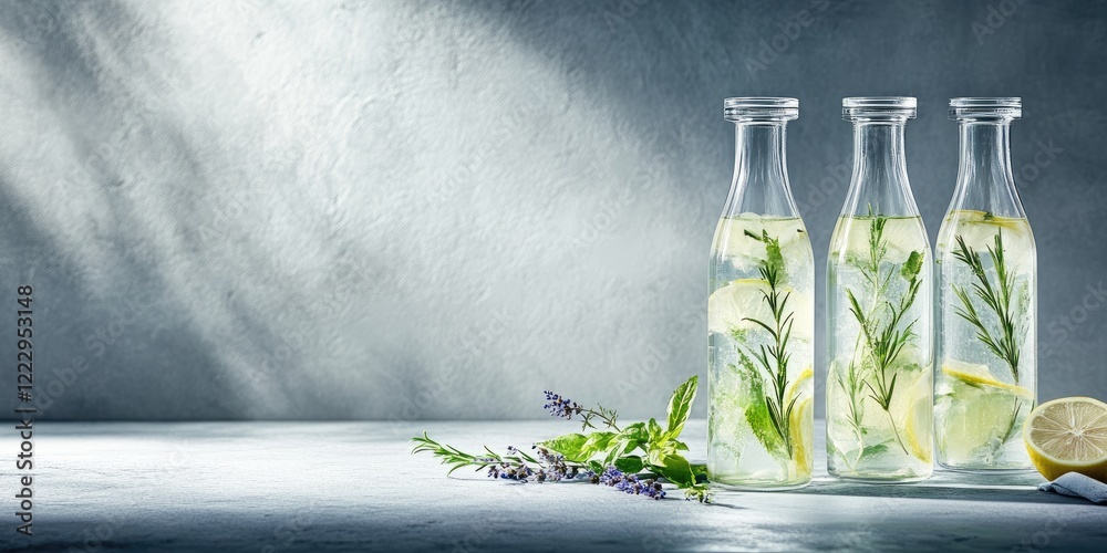 Poster refreshing lemonade in elegant glass bottles with lemon and herbs on light background perfect for su