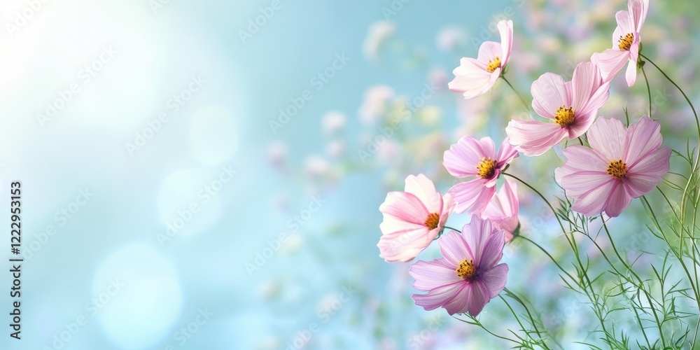 Poster elegant floral border featuring soft pink cosmos flowers against a light blue background creating a 