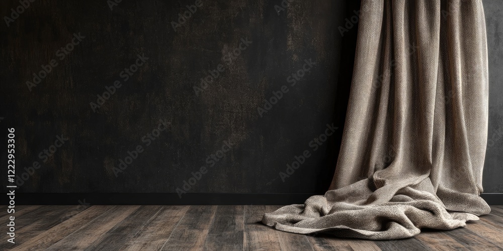 Aufkleber Elegant dark brown wooden floor with draped soft fabric creating a cozy interior design scene featuring ample empty space for text.
