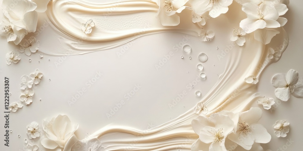 Poster elegant floral frame with creamy texture and soap splashes for beauty or skincare product promotions