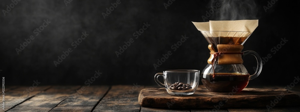 Poster brewing drip coffee with dripper stand over glass mug on wooden table with steam and empty space for