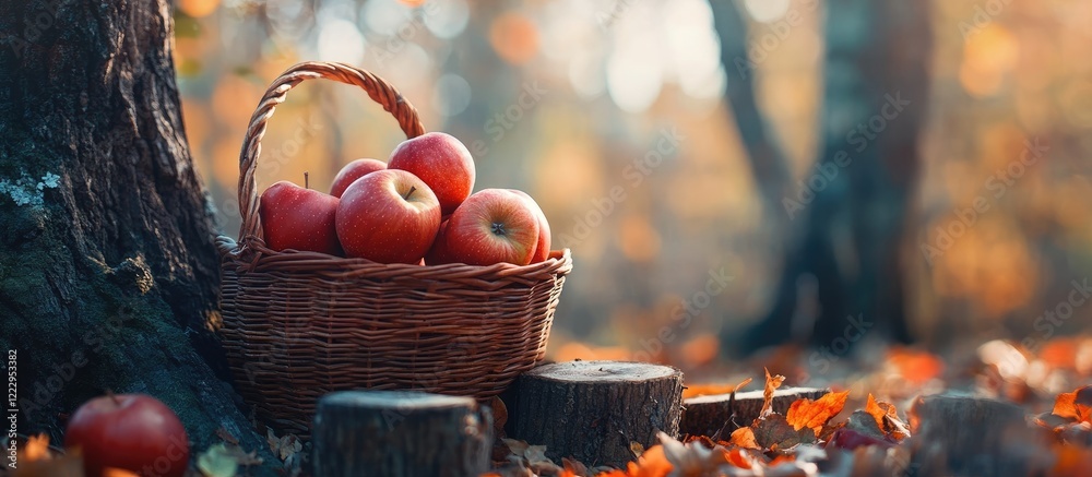 Poster autumn scene with a basket of red ripe apples near tree stumps in an orchard showcasing seasonal bea