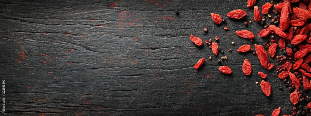 Poster dried red goji berries scattered on a black wooden surface with ample empty space for text or additi