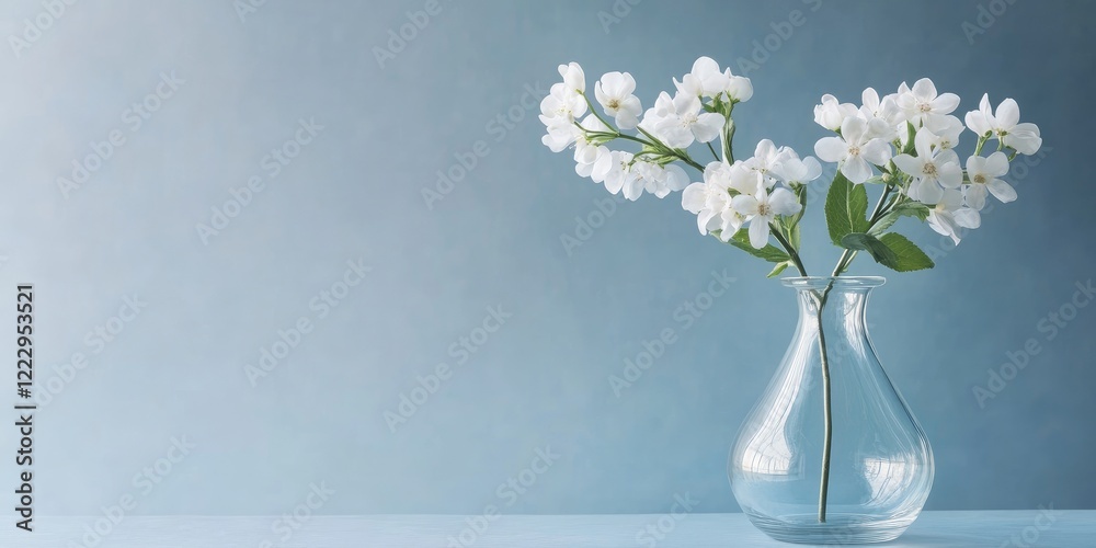 Aufkleber elegant glass vase filled with white flowers on a soft blue background with ample space for your tex