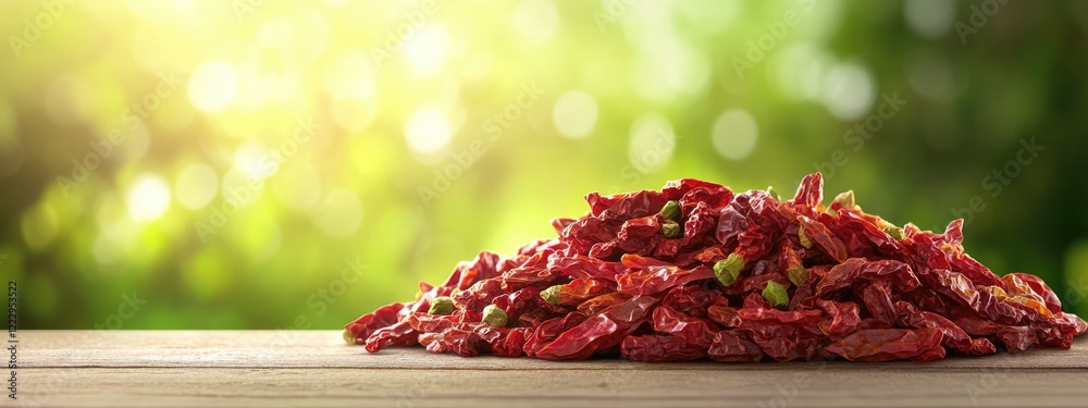 Poster Dried red chili peppers on wooden surface with blurred green background and ample copy space for text or design elements.