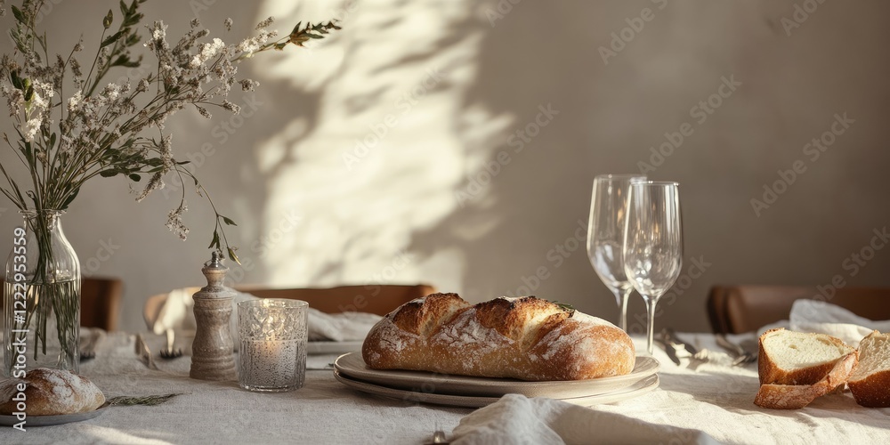 Poster elegant dining table featuring freshly baked bread, crystal glasses, and floral centerpiece with amp