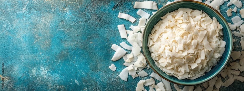 Poster dried organic coconut flakes in a blue bowl on a textured backdrop with empty space for natural prod
