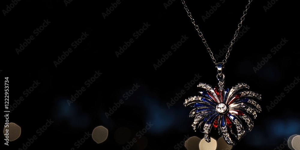 Poster elegant fourth of july necklace with fireworks design and bokeh background providing ample copy spac