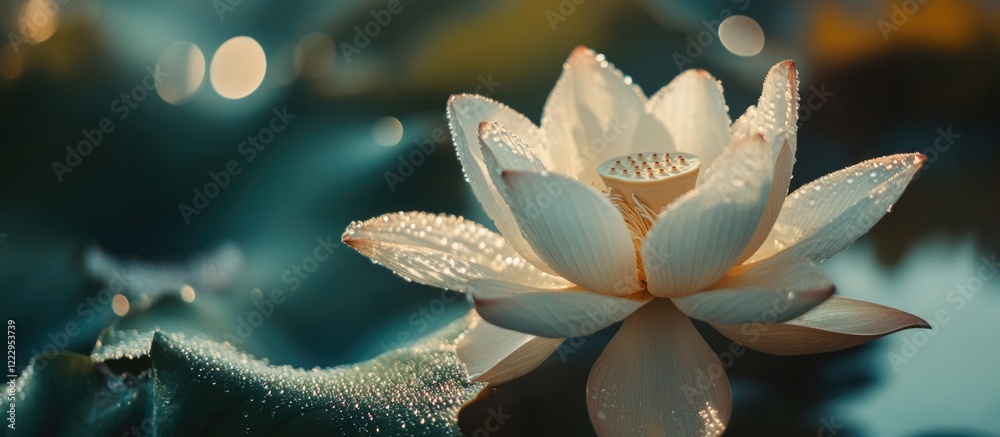 Poster Serene lotus flower in morning light with glistening dew petals and soft background for peaceful text composition or design use.