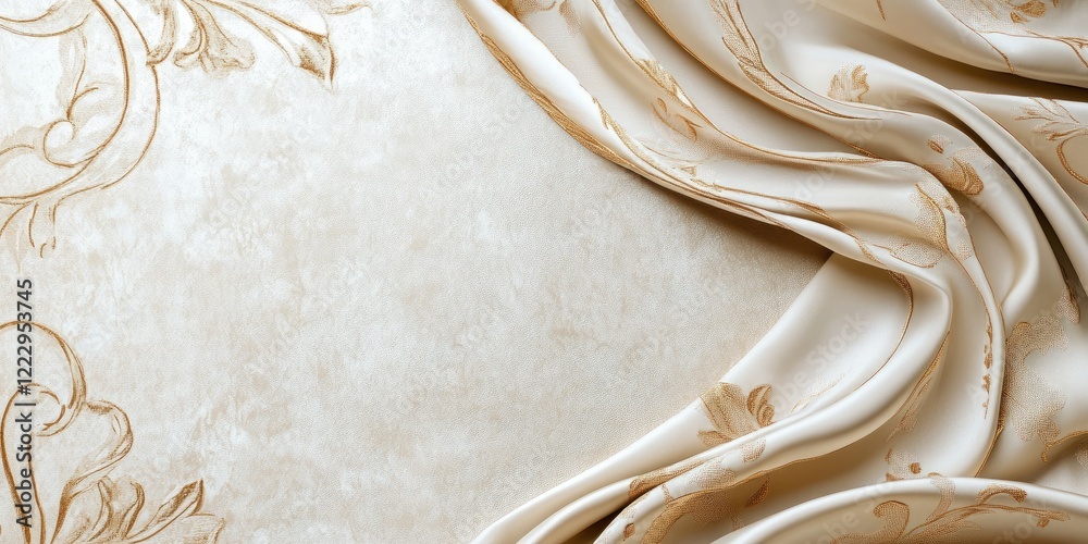 Poster Elegant fabric draped gracefully against a textured background featuring intricate designs and ample space for customizable text.