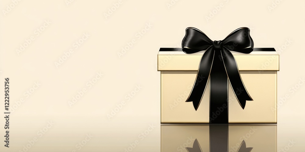 Aufkleber Elegant gift box with black ribbon and bow on reflective surface with empty space for personalized text or message