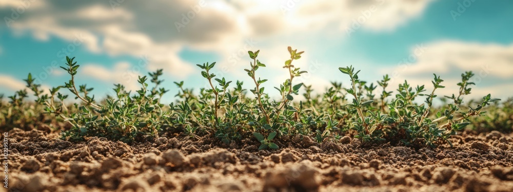 Poster Scattered dried thyme leaves on bare earth under a bright sky with ample copy space for text and natural elements in the background