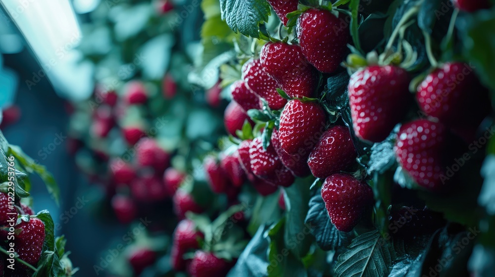 Aufkleber close-up view of fresh ripe strawberries on plants showcasing vibrant color and texture in a greenho