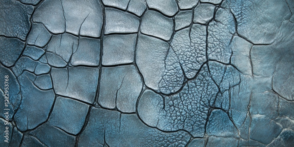 Poster Elegant blue distressed leather texture with weathered cracks and empty space for text use in design or artistic projects.