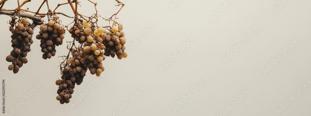 Aufkleber Dried grape clusters on vine against neutral background with ample copy space for text or branding purposes