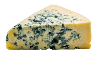 PNG isolated transparent white background triangle shape blue cheese illustration with creamy texture, greenish veins, porous surface, slightly crumbled edges, dairy delicacy, gourmet, fermentation, s