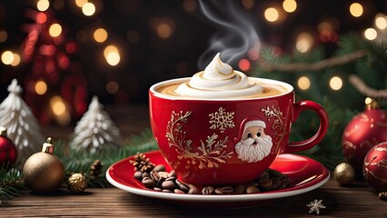 Fototapeta premium A red coffee cup sits on a wooden table, featuring a frothy latte art design of Santa Claus’s face.