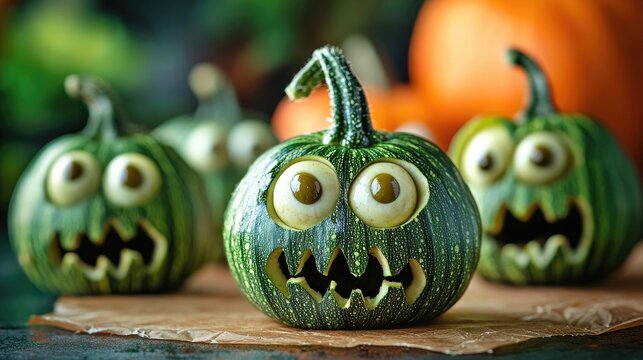 Homemade zucchini ghouls for Halloween party healthy eating concept with olive eyes spooky decor and copy space for menu design