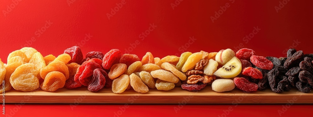 Poster colorful assortment of dried fruits on a wooden board against a red background with ample space for 