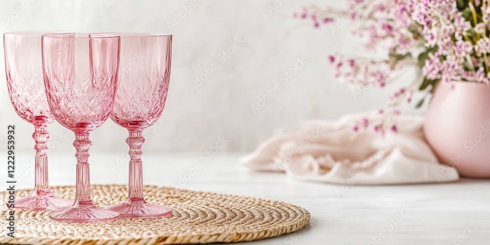 Aufkleber elegant dining setup with pink glasses and woven placemat on a table featuring floral decor and ampl