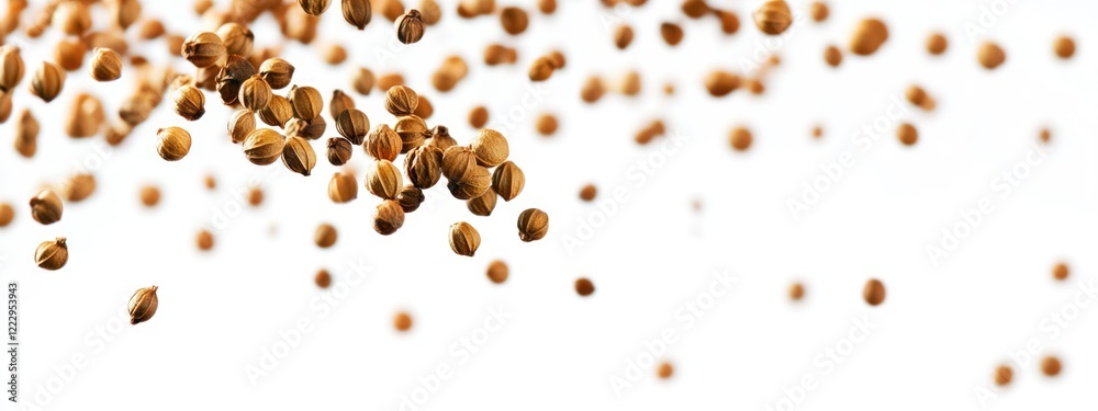 Poster Flying dried coriander seeds isolated on white background with ample empty space for text or design applications.