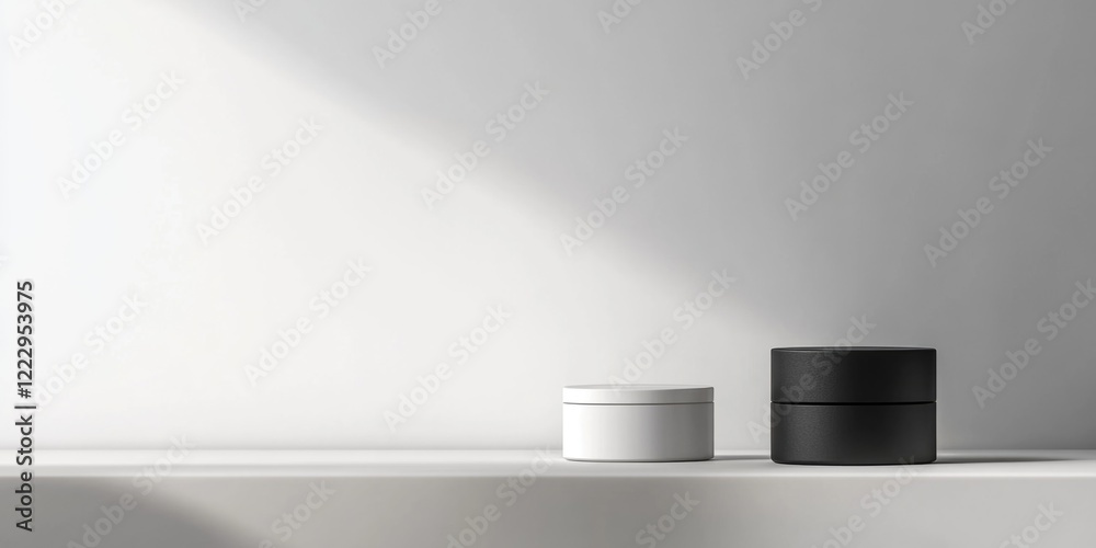 Poster Elegant Minimalist Display of Empty Black and White Cosmetic Containers on Clean Surface with Room for Text and Branding