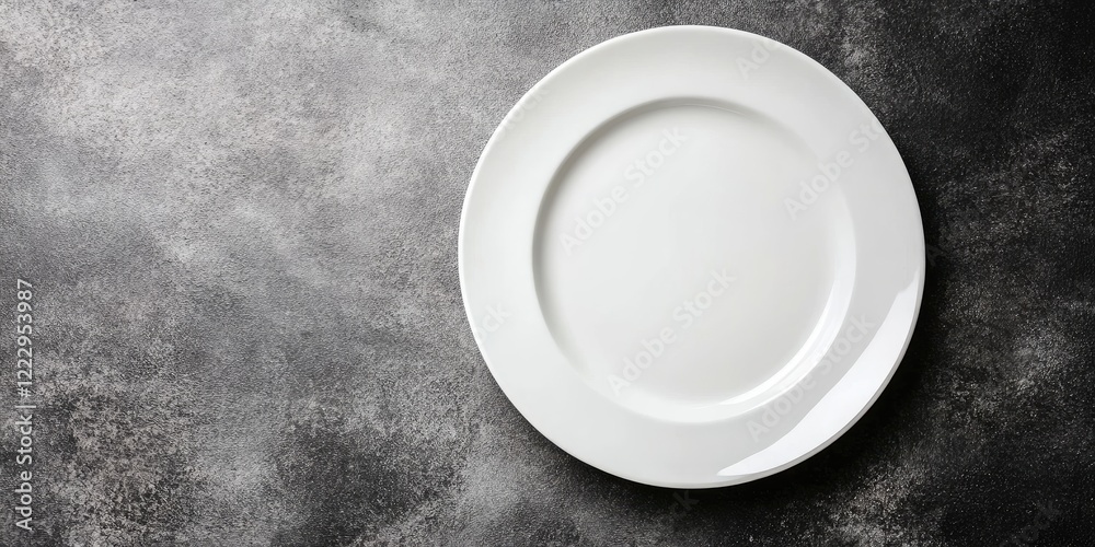 Poster minimalist white plate on textured gray background with empty space ideal for showcasing gourmet dis