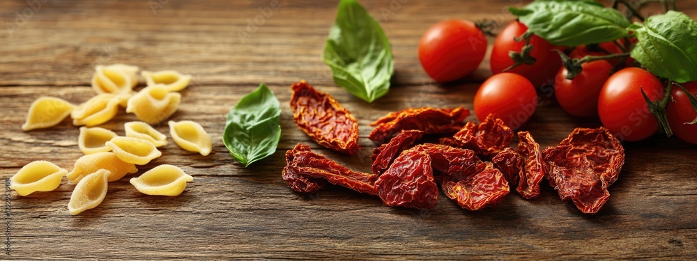 Poster Dried tomatoes basil and pasta ingredients arranged on rustic wooden table with empty space for culinary text or recipe description