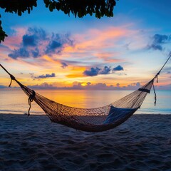 Hammock on serene beach at sunset with vibrant sky Relaxing outdoor lifestyle travel scene with empty space for text