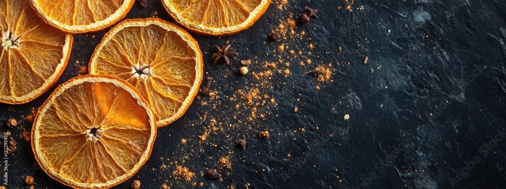 Poster dried orange slices and organic spices on dark background with ample space for text design and decor